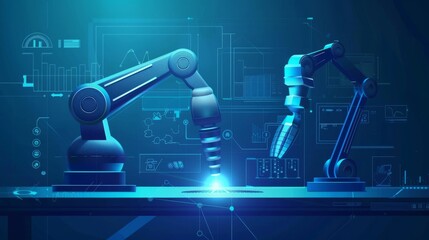 Poster - An image of low polygon hand check and control welding robotics automatic arms with machine in an intelligent factory automotive industrial with UI monitoring system software.