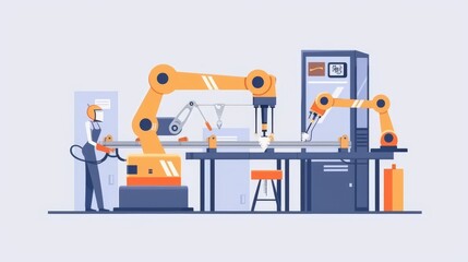 Poster - The engineer's hand checks and controls welding robotics automatic arms with machine in the intelligent factory automotive industrial with UI monitoring system software...