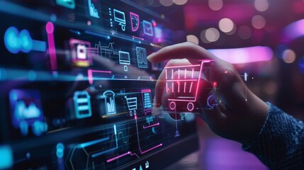 Aufkleber - A hand pushing virtual symbol of online shopping with a modern UI on a computer and a smart phone.