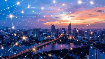 Aufkleber - Abstract Bangkok city background with wireless network and connection technology concept.