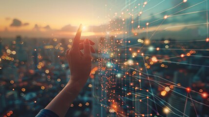 Aufkleber - Hand of a woman touching wireless network and connection technology elements on an abstract building city.