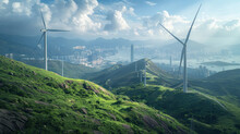 A Wind Farm With Three Wind Turbines On A Hillside