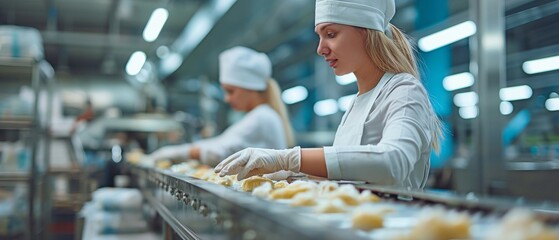 A picture of two working women at a modern food production plant, standing next to a conveyor belt.