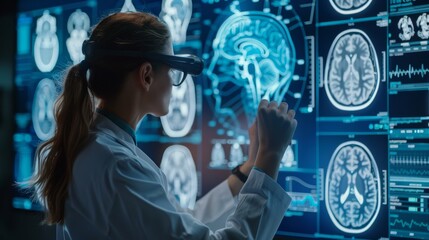 Aufkleber - Using a digital tablet with futuristic interface and holographic digital hologram, female surgeon analyzes patient brain with human anatomy using medical technology and science.