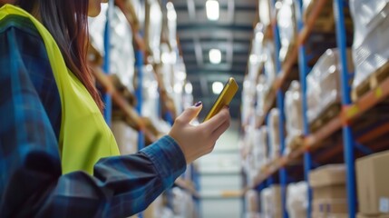 Aufkleber - In blurry warehouse background, business workers use smartphones to track delivery and handle cargo for transportation of goods.