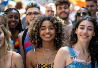 Photo of group people standing together, diversity and multi cultural concept, crowd with smiling faces looking at camera in city street