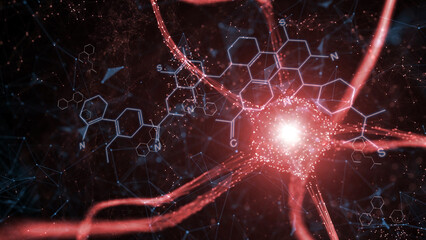 Poster - neuron cell in the brain and abstract chemical bonds illustration background.