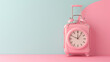 Travel concept, suitcase alarm clock pink, studio simple color background