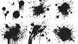 Set of frame and black round ink stains, lines and drips, splatters, ink blots isolated on white background.