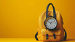 Travel concept, a yellow backpack with clock on it, studio simple color background