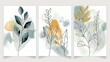 A set of botanical wall art modern backgrounds with foliage line art drawing in watercolor. Abstract Plant Art design for framed prints, canvas prints, posters, home decor, covers, wallpapers.