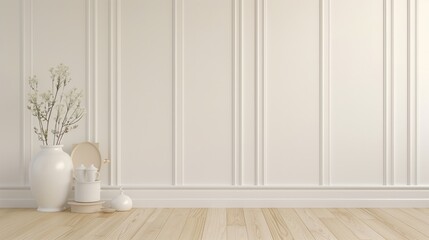 Aufkleber - A white room with a white wall and a white vase with flowers on it. The room is empty and has a minimalist feel
