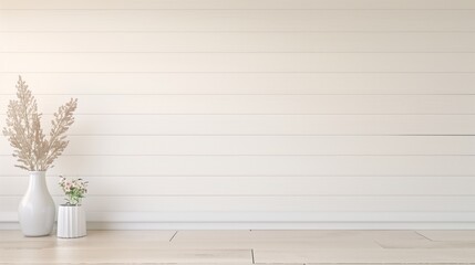 Fototapete - A white wall with a vase of flowers on it. The flowers are in a tall vase and are placed on a wooden floor. The room is empty
