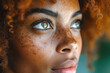 A detailed view of a womans face showing prominent freckles scattered across her skin. The freckles add natural charm to her features