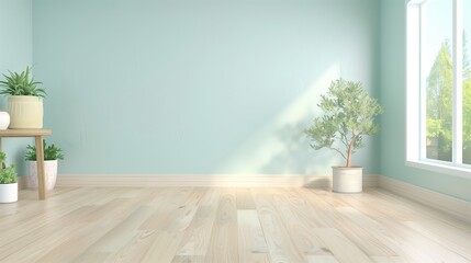 Poster - A large empty room with a white wall and a green plant in a pot. The room is bare and has a minimalist feel to it
