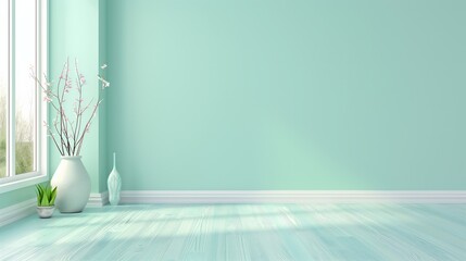 Poster - A large, empty room with a white wall and a green carpet. A vase with flowers sits on the floor