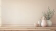 A white wall with a wooden shelf and a few vases and bowls on it, AI generated