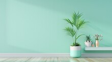 A Green Wall With A Plant In A White Pot. The Plant Is A Palm Tree. There Are Two White Vases On A Shelf