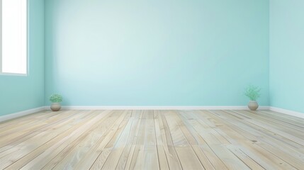 Aufkleber - A large, empty room with a blue wall and wooden floors. The room is bare and uncluttered, with no furniture or decorations. The only objects in the room are two potted plants