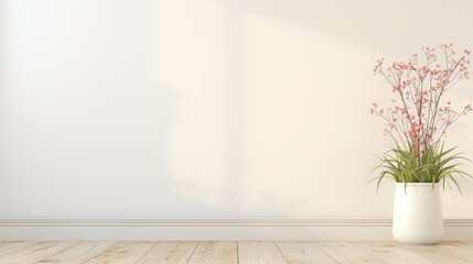 Poster - A white vase with pink flowers sits on a wooden floor in a room with a white wall. The vase is the only decoration in the room, giving it a simple and minimalistic feel
