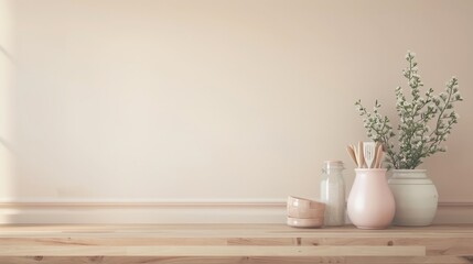 Fototapete - A white wall with a wooden shelf and a few vases and bowls on it, AI generated