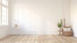 A white room with a chair and a plant. The room is empty and has a minimalist feel