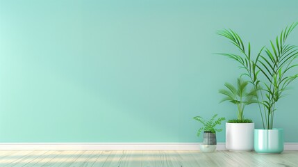 Poster - A white wall with a green plant in a white pot. The wall is painted in a light green color