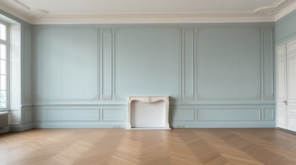 Aufkleber - A large room with a fireplace and white trim. The room is empty and has a very clean and simple look