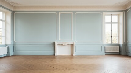 Aufkleber - A large, empty room with a white fireplace and a window. The room is very clean and has a very modern look