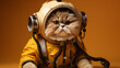 Persian cat wearing yellow astronaut suit on a yellow background