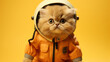 Persian cat wearing yellow astronaut suit on a yellow background