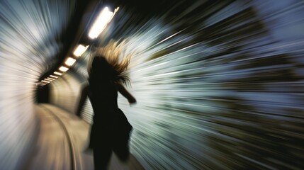 Poster - A woman running through a tunnel with her hair blowing in the wind. The tunnel is dark and the woman is the only one in it