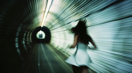 Poster - A woman running through a tunnel. The image has a sense of urgency and fear