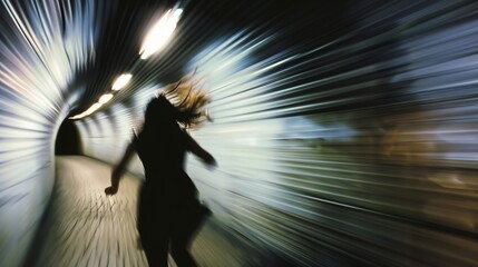 Poster - A woman running through a tunnel with a blurry background. Concept of urgency and movement, as the woman is in a hurry. The tunnel itself adds to the feeling of being in a confined space