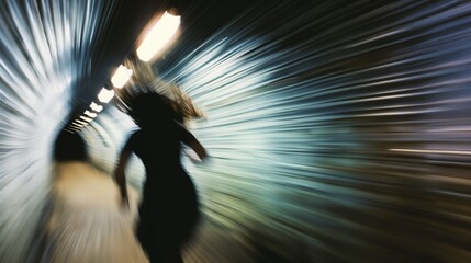 Poster - A woman is running through a tunnel with lights on the ceiling. The tunnel is blurry and the woman is the only thing that is clear
