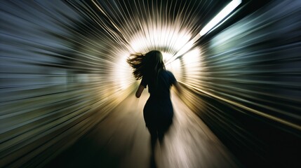 Poster - A woman running through a tunnel with her hair blowing in the wind. The tunnel is dark and the woman is the only one in it