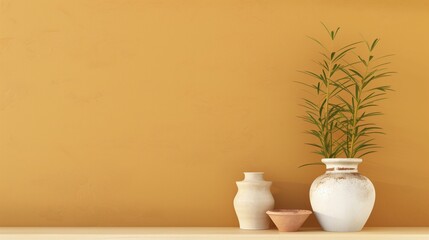 Aufkleber - A white vase sits on a shelf next to two other vases. The shelf is against a yellow wall
