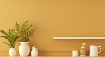 Aufkleber - A white vase with a green plant sits on a shelf next to a white cup. The shelf is empty, and the wall behind it is painted yellow