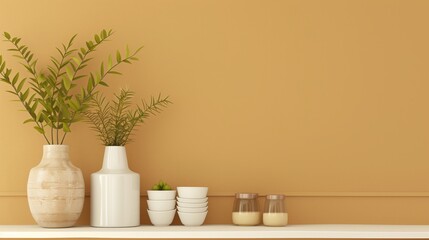 Aufkleber - A shelf with a vase, bowls, and cups. The vase is white and has green leaves. The shelf is against a yellow wall