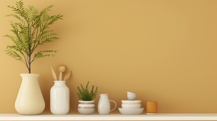 Aufkleber - A shelf with a variety of white vases and cups, including a large vase with a plant in it