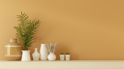 Aufkleber - A shelf with a variety of vases and potted plants. The shelf is against a yellow wall