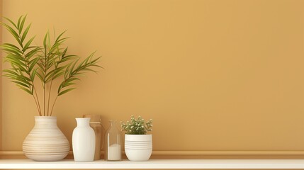 Aufkleber - A white wall with a shelf and a few vases and plants on it
