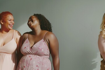 Wall Mural - Three women are smiling and laughing together. One of them is wearing a pink dress. Scene is happy and lighthearted