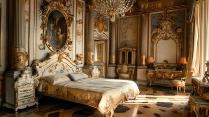 Baroque aristocratic style bedroom interior design in a luxury home.
