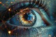 Closeup of a human eye reflecting a complex network grid, embodying the concept of surveillance, data privacy, and technological oversight