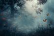 Dreamlike scene of vibrant butterflies in a misty, enchanted forest glade with soft light filtering through