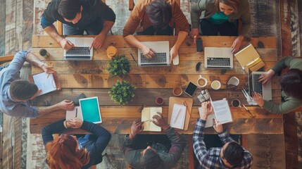 Wall Mural - team collaboration at wooden table