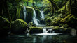 Serene cascading waterfall hidden amidst, emerald forest, a tranquil oasis offering respite from the bustling world.