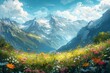 Vibrant flowers add to the stunning mountain scenery in the digitally created landscape.
