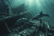 Dolphins playfully swimming around sunken shipwrecks in the clear depths of the ocean.